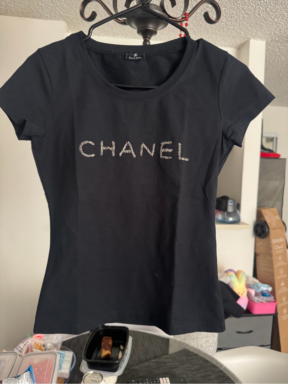 CHANEL Black Short-Sleeve Tee with Embellished Logo
